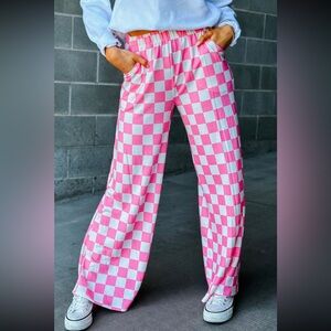 Bonbon Two Toned Pink and White Checkered High Waisted- Wide Leg Pants